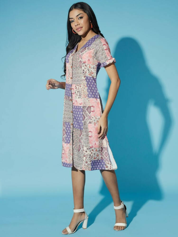 Myshka Women Multi Geometric Rayon A-Line Round Neck Dress