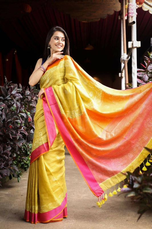 Very Much Indian Pure Linen Saree With Sleek Border And Exclusive Design - Yellow - Grab2buy