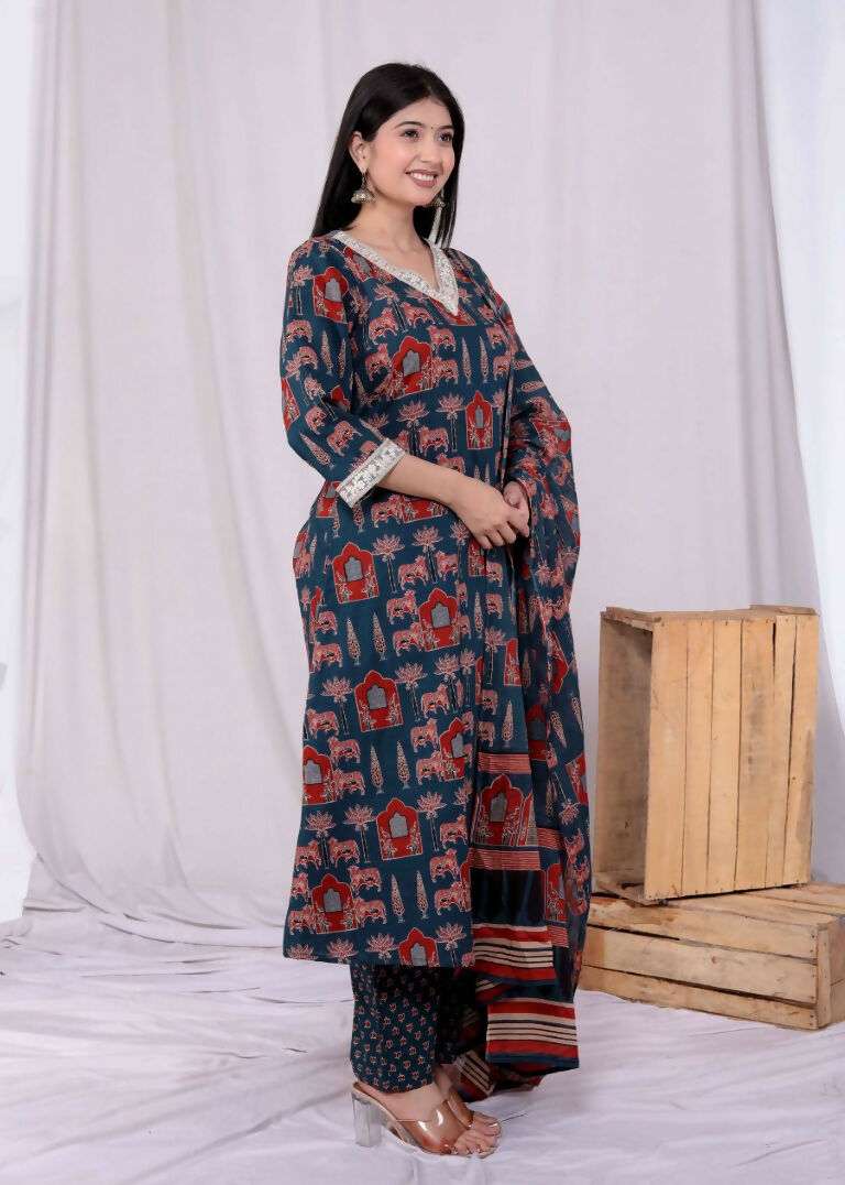 Miravan Women's Pure Cotton Animal Printed Zari Lace Work Blue Jaipuriya Anarkali Suit Set