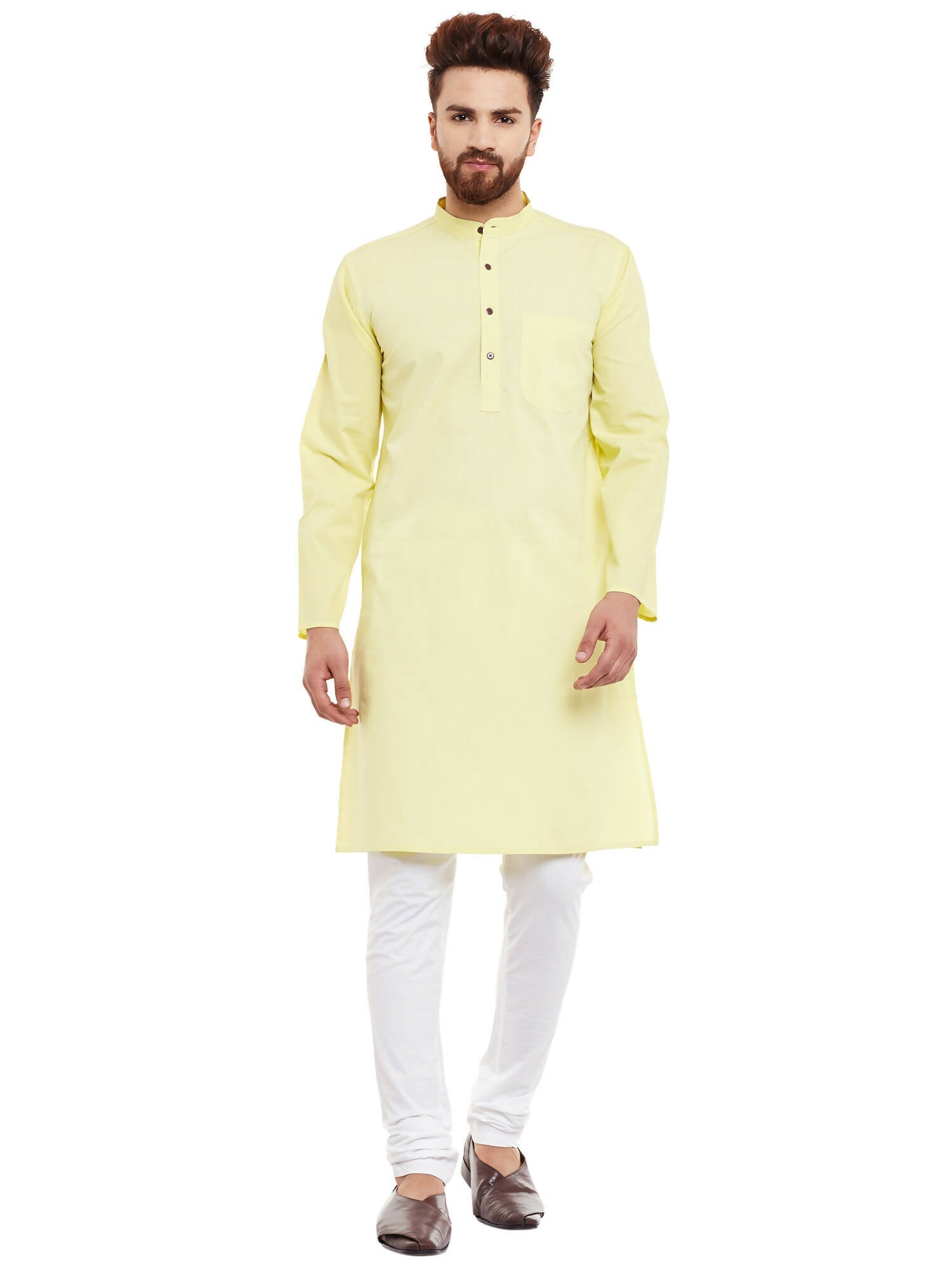 Even Apparels Yellow Pure Cotton Men's Kurta With Band Collar 