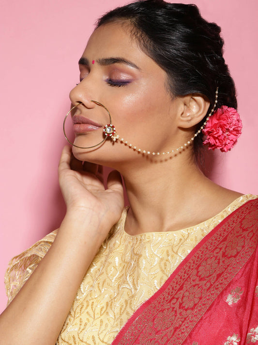 Gold-Pleated Red White Kundan Studded Beaded Chained Nosepin - Ruby Raang - Grab2buy