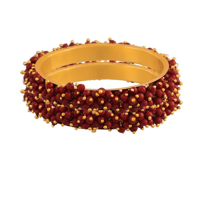 Mominos Fashion Joharkamal Gold-Polished Maroon Beads Work Bangles 