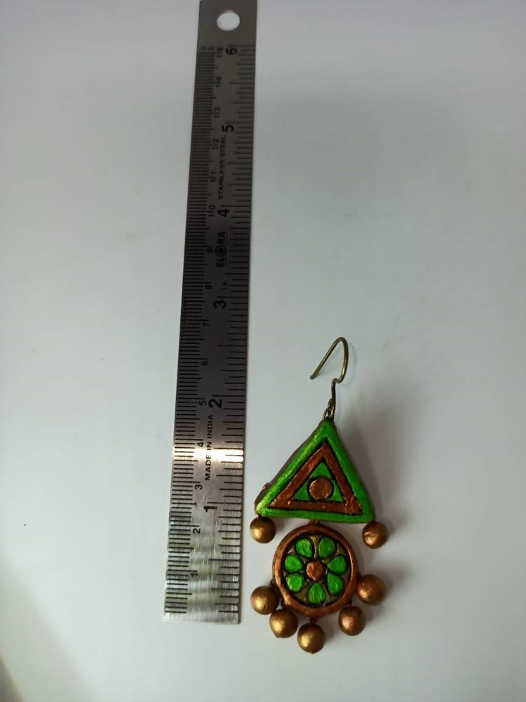 Terracotta Light Green and Gold Tribal Theme Necklace Set with Ear Hangings