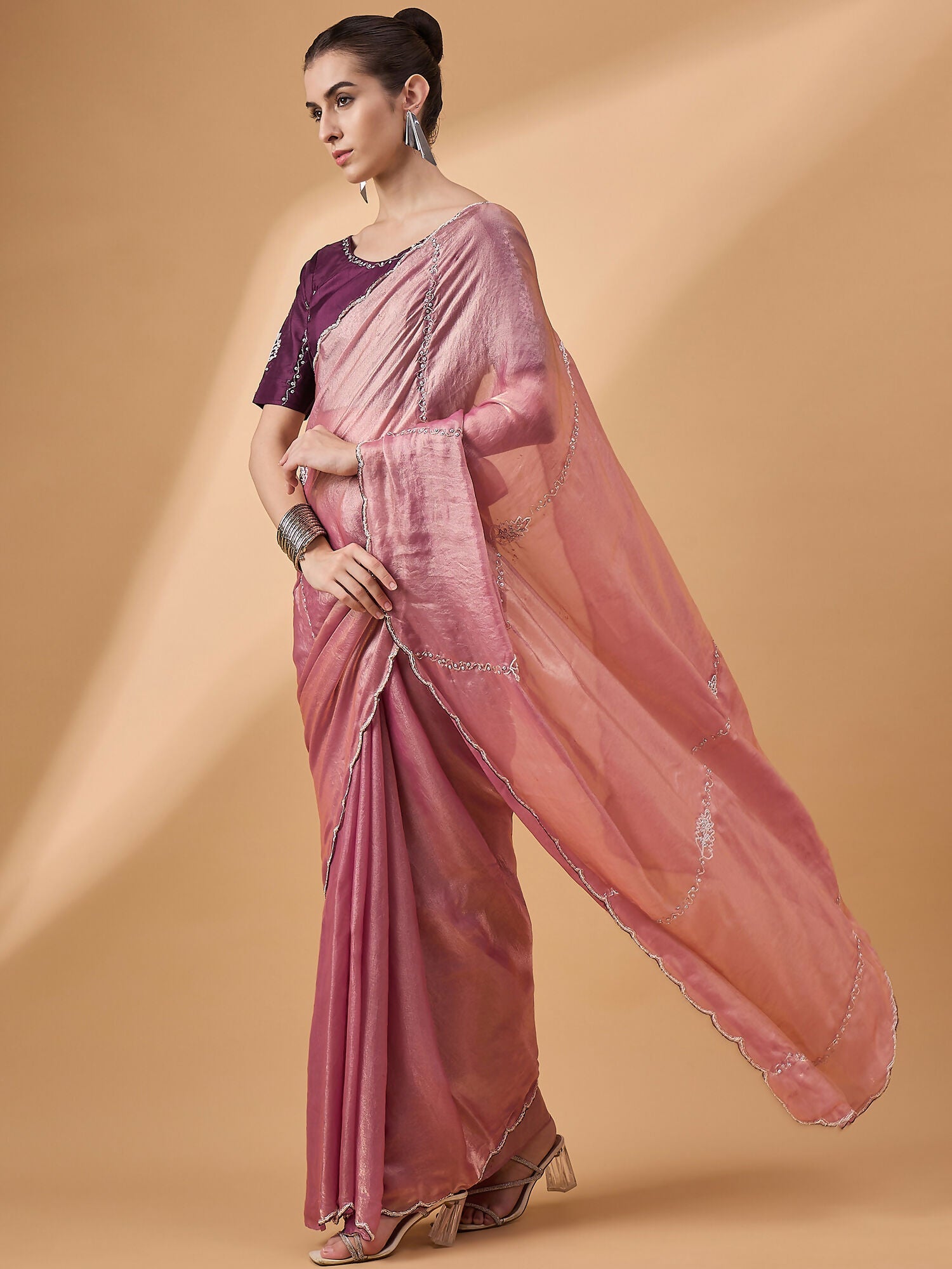 Pink Muslin Embroidered Saree with Unstitched Blouse Piece - Satya