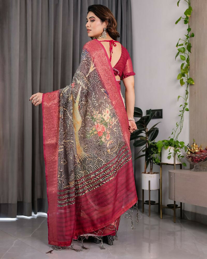 PR Fashion Wine Pure Handloom Linen Saree