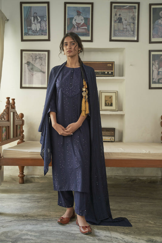 Navy Blue Rayon Sequence Embroidery work Straight kurta with Pant & Dupatta - Akashara