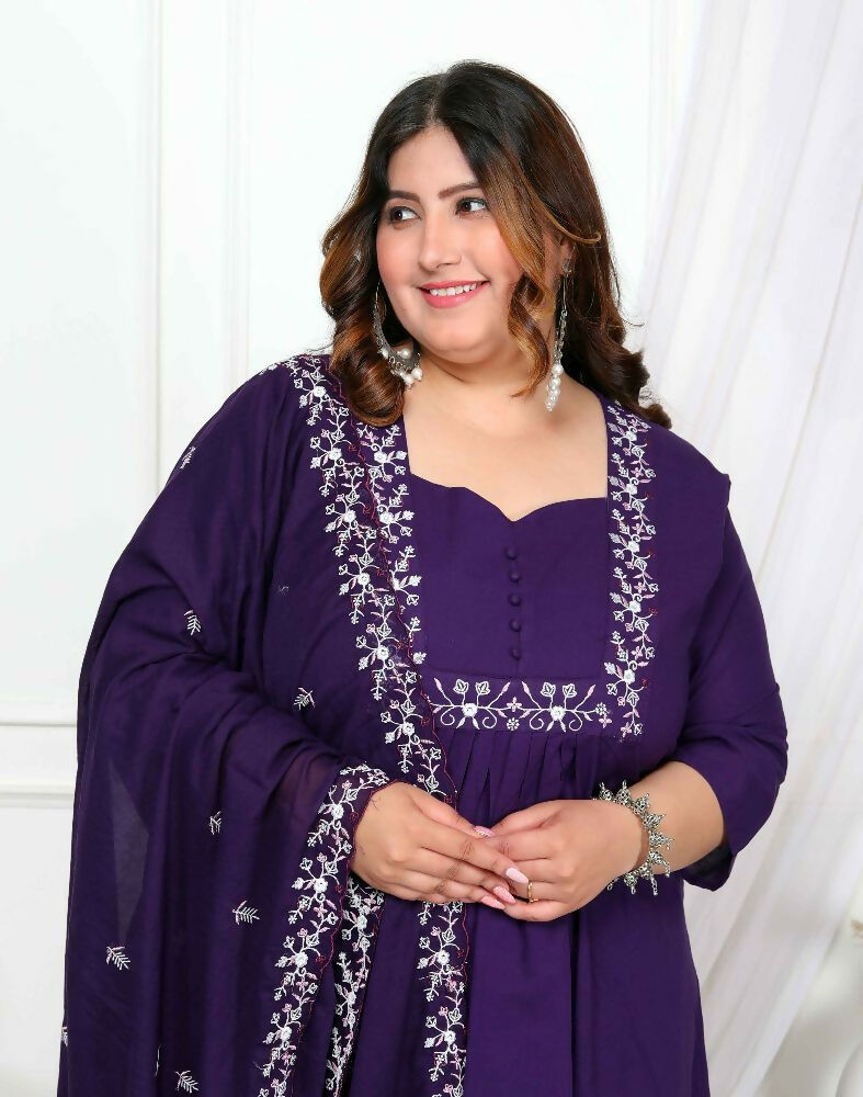 Miravan Womens Plus Size Purple Embroidered Kurta With Palazzo And Dupatta Set