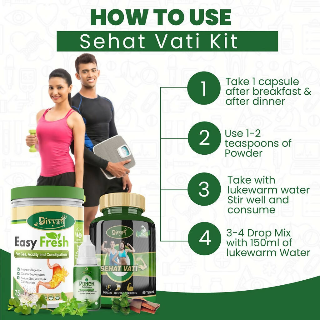Divya Shree Sehat Vati Capsule, Easy Fresh Powder & Punch Tulsi Drop Combo - Grab2buy