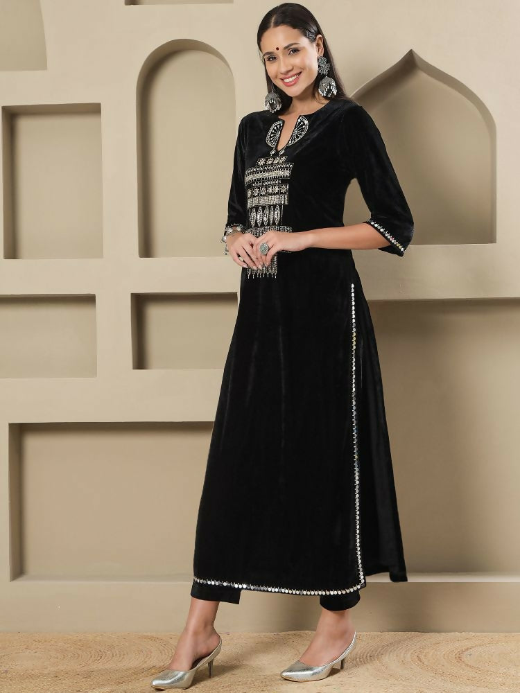Joban Fashion Women Black Velvet Hand Embellishment Stitched Kurta Set