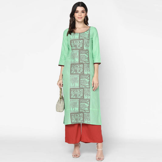 Cheera Hand Block Print Light Green & Maroon Straight Kurta With Palazzo (MAAI-090K)