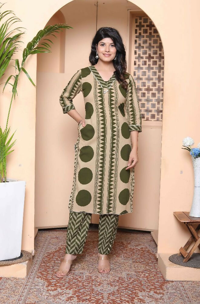 Miravan Womens Straight Polka Dot Printed Green Kurta With Palazzo