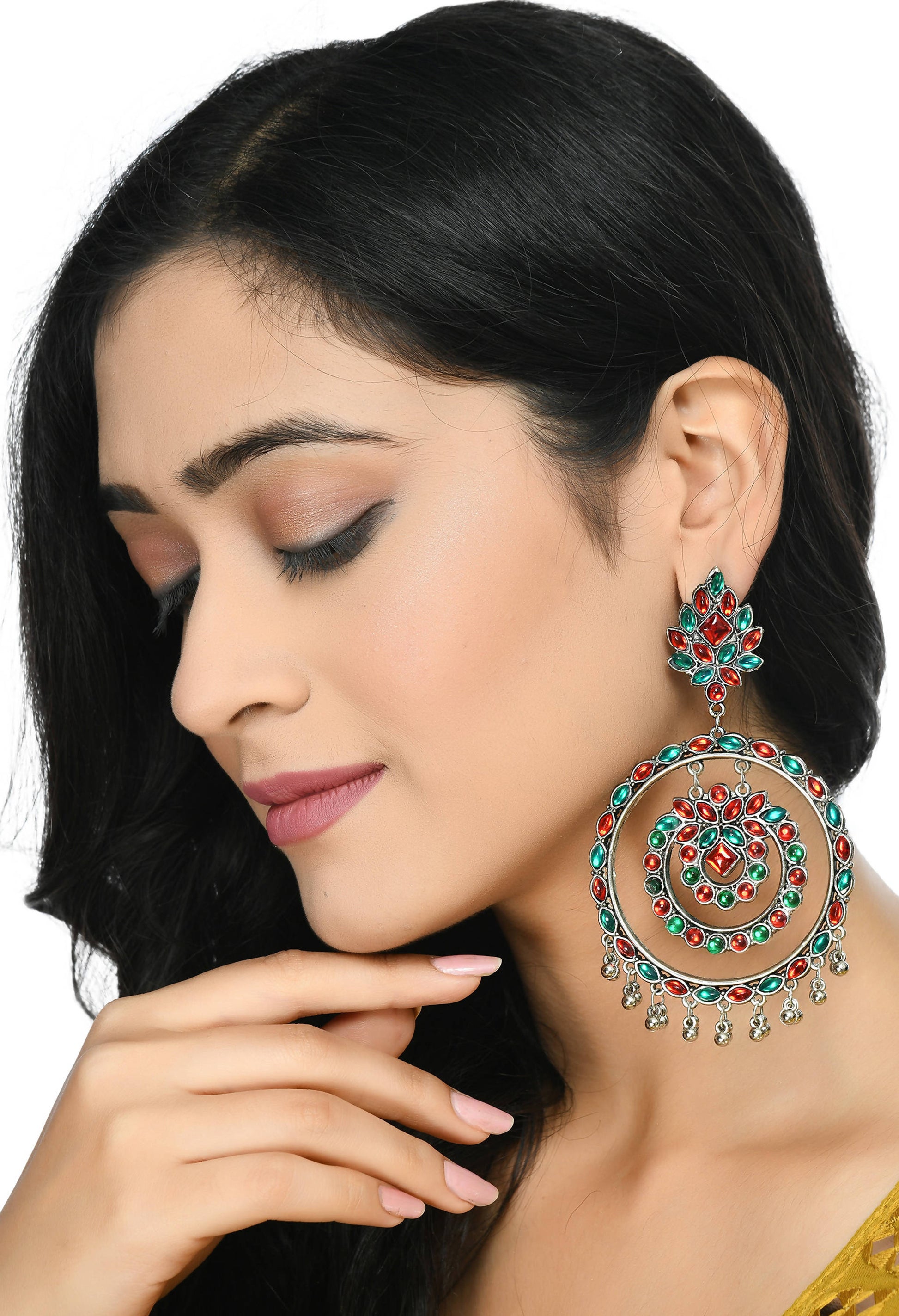 Mominos Fashion Johar Kamal Women's Red & Green Kundan Circles Earrings - Grab2buy