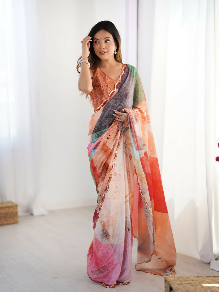 Multi Chinon Designer Digital Printed,Mirror Cut Work Saree - Sohni