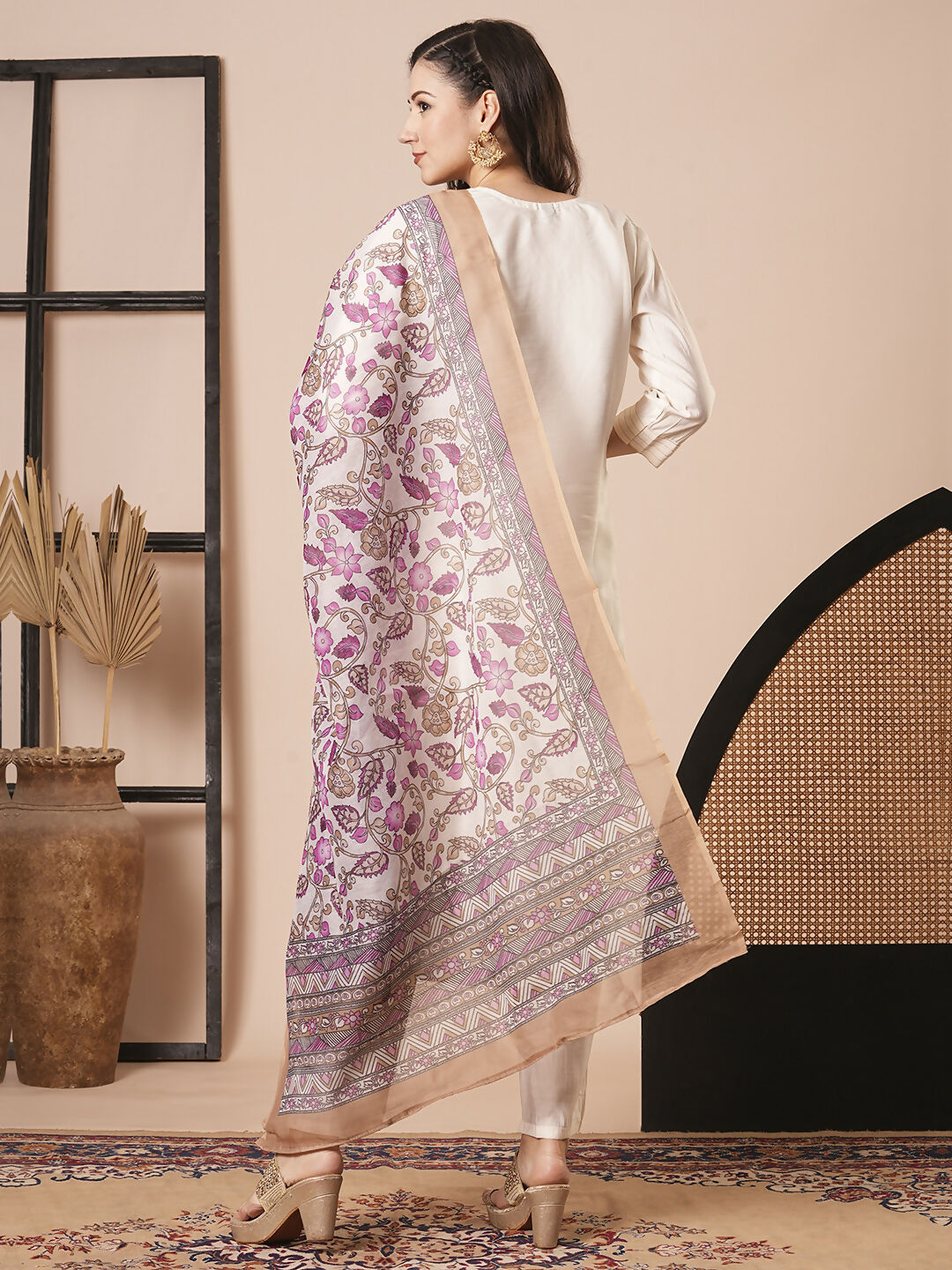 Cream Chanderi Embroidery Work, Printed Kurta Set - Riya