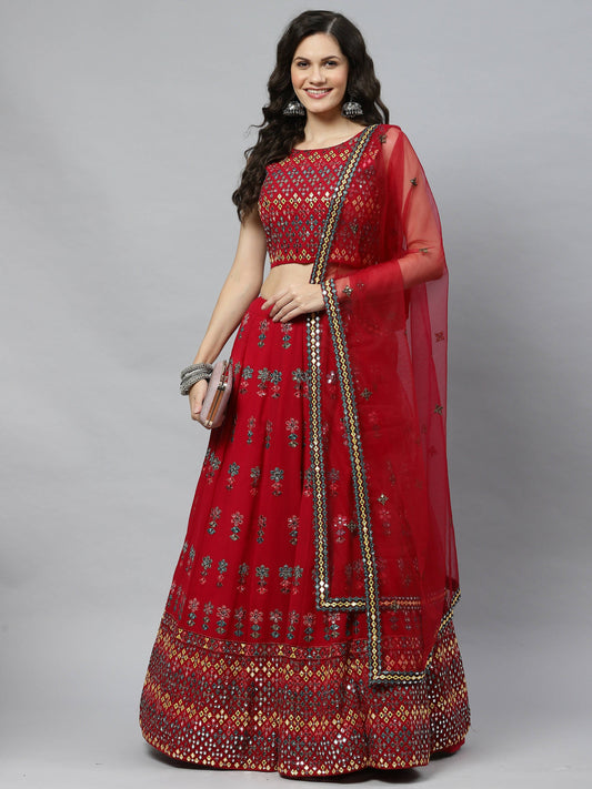 Deep Pink Georgette Heavy Embroidery mirror Work Lehenga Choli with Dupatta - Jivika