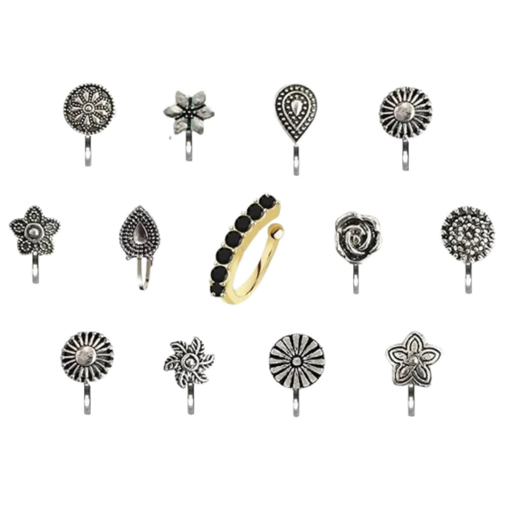Thanu's Craft Oxidised Nose Pin Ring Studs Black Metal Germam silver Nosepin for Women | Grab2Buy