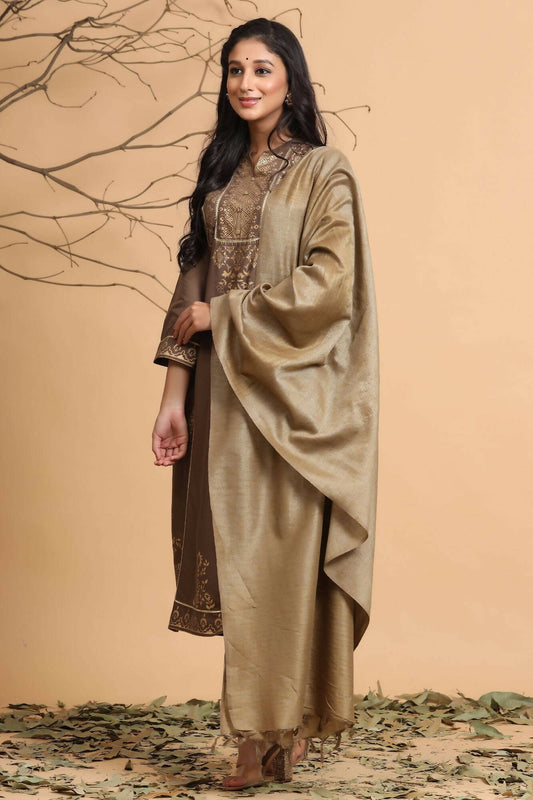 Juniper Women's Brown Rayon Printed Straight Kurta Set