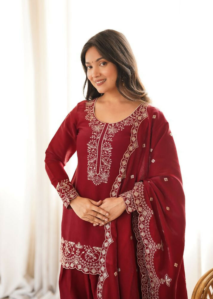 Teeya Creation Deep Red Silk Embroidered Kurta Salwar Suit Set With Scalloped Dupatta