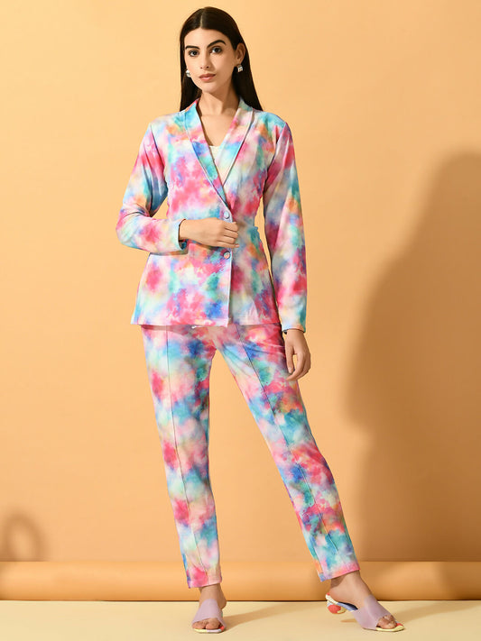 Myshka Women's Multi Printed Coat With Trousers 