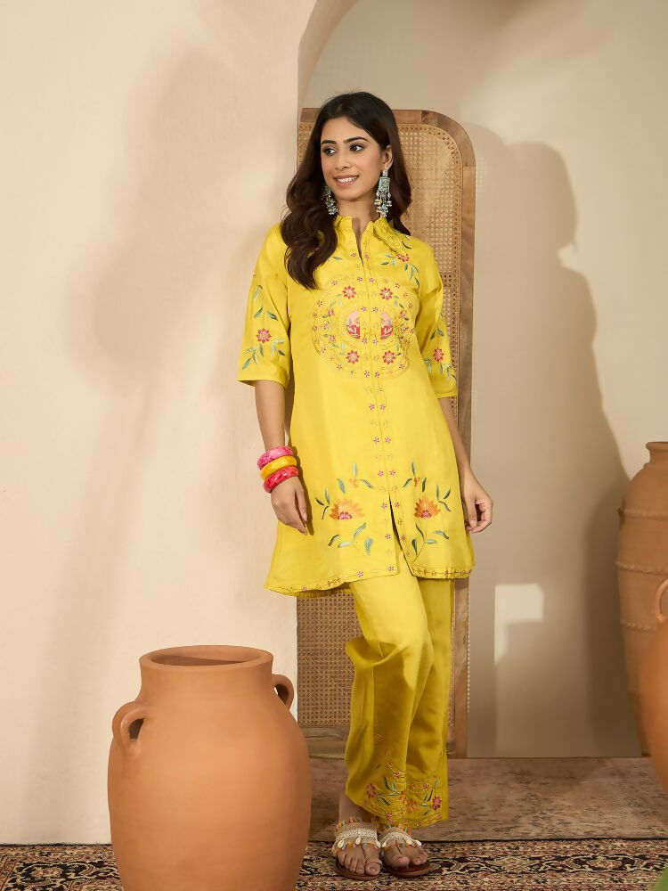 Joban Fashion Women Yellow Roman Silk Embroidered Stitched Kurta Set
