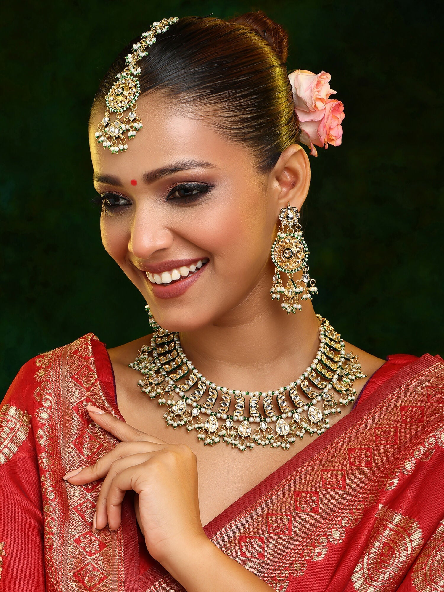 Ruby Raang Gold Polished Kundan Work Gold Kundan Collar Necklace With Earrings & Maang Tikka | Grab2Buy