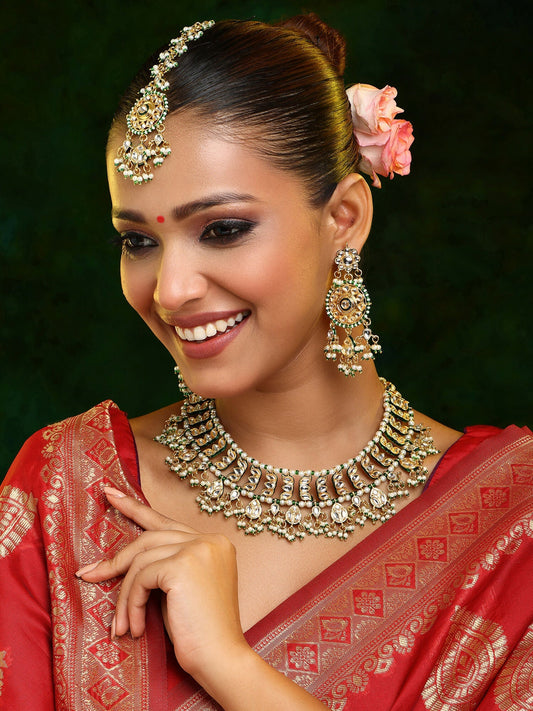 Ruby Raang Gold Polished Kundan Work Gold Kundan Collar Necklace With Earrings & Maang Tikka | Grab2Buy