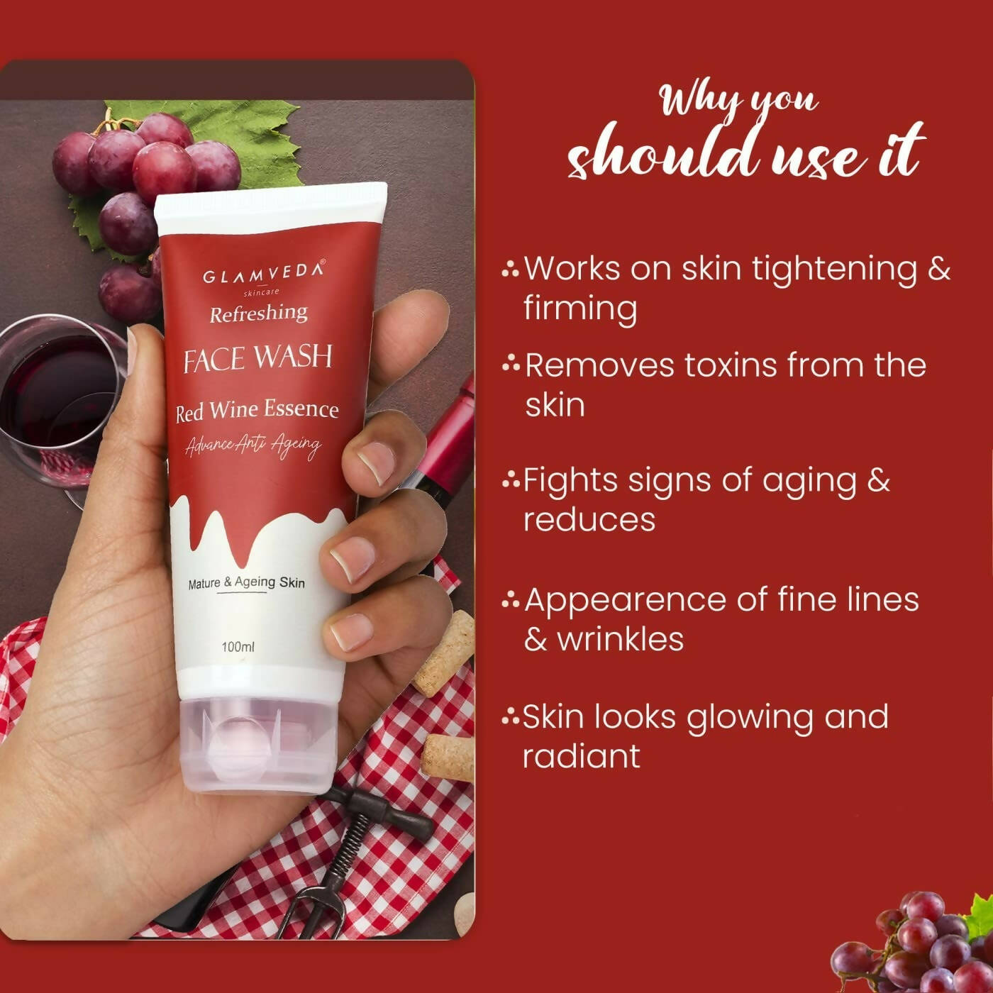 Glamveda Red Wine Advance Anti Ageing Face Wash - Grab2buy