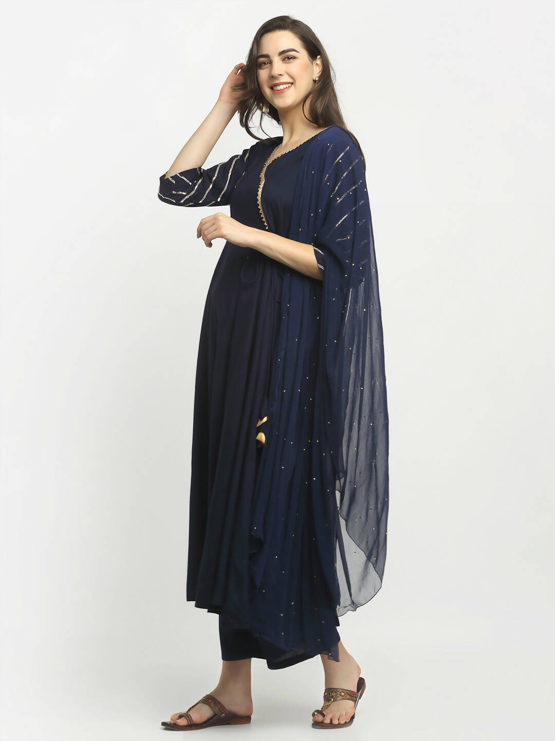 Rudra Bazaar Blue Angrakha Style Flared Kurta with Pyjamas & Dupatta