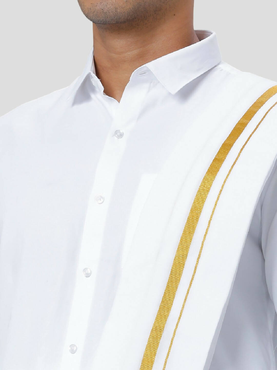 Ramraj Cotton Mens 1/4 " Poly Cotton Gold Jari Dhoti And Towel Set - White