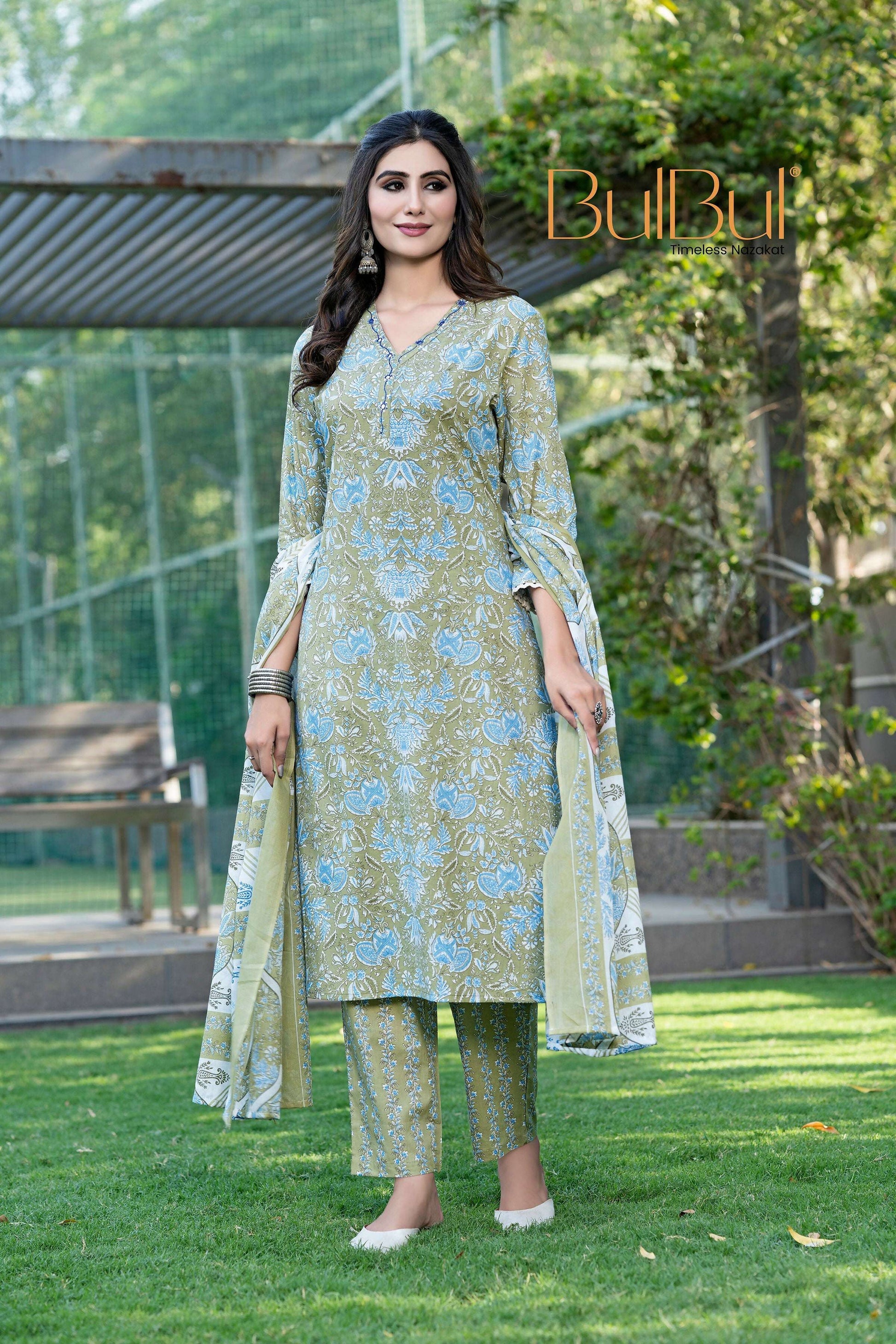 BulBul Fashionista Green Cotton Kurta Set with Dupatta 