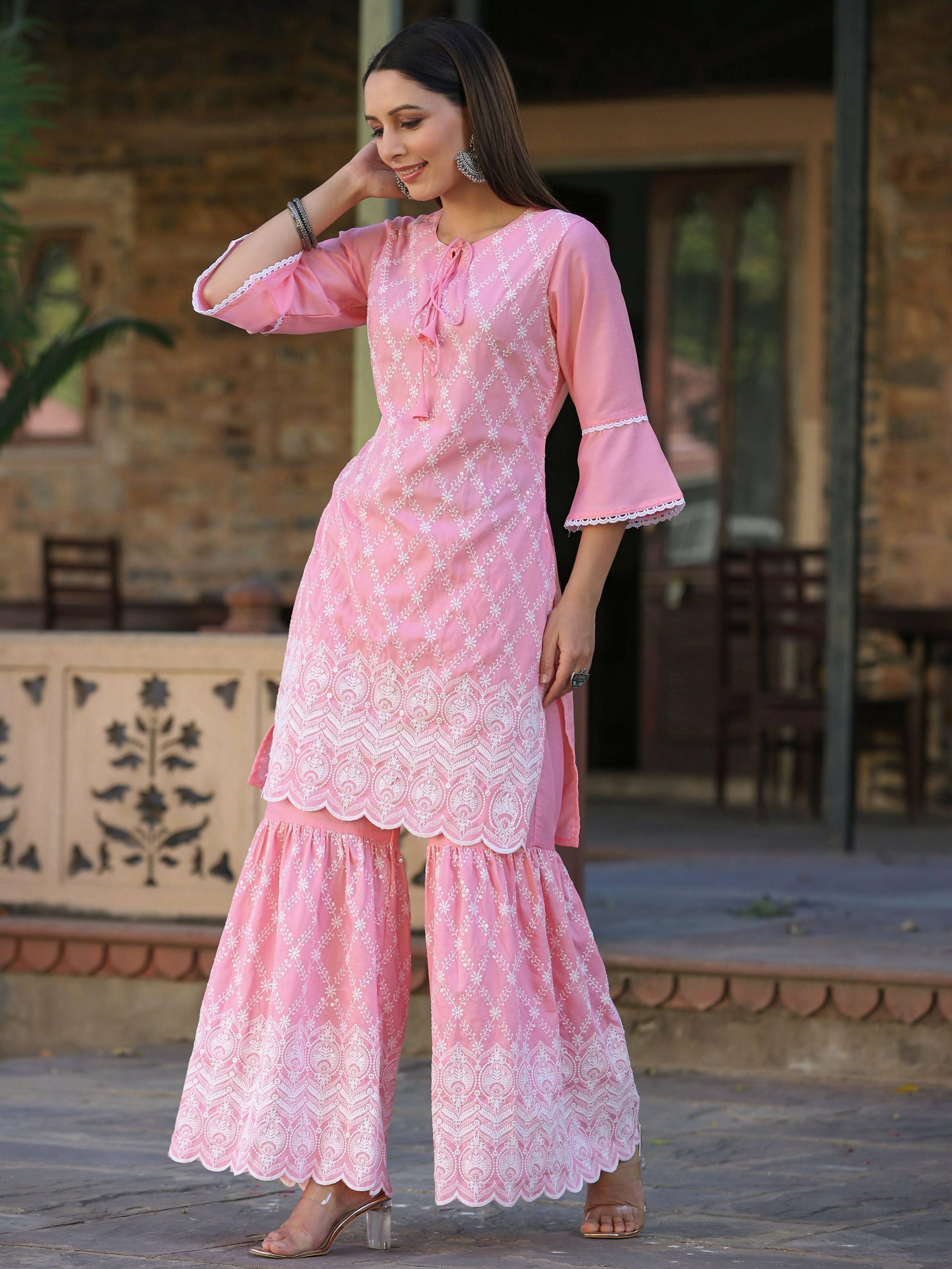 Juniper Women's Pink Chinnon Embroidered Kurta Garara Set