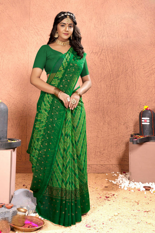 Green Chiffon Foil Printed Saree with Unstitched Blouse Piece - Rajal
