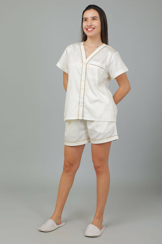 Breathables Women Cotton Night Suit Shirt And Shorts Co-Ord Set I Nightwear | Loungewear Set In Solid Colours