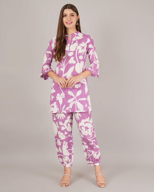 Jaitra Apparels White And Purple Printed Premium Pure Cotton Co-Ord Set For Women 