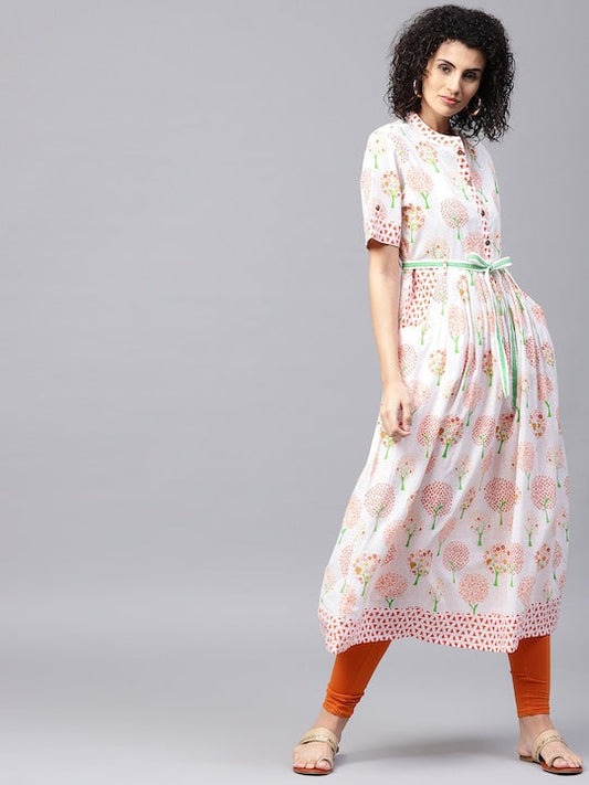 NOZ2TOZ White & Orange Printed A-Line Kurta - Grab2buy