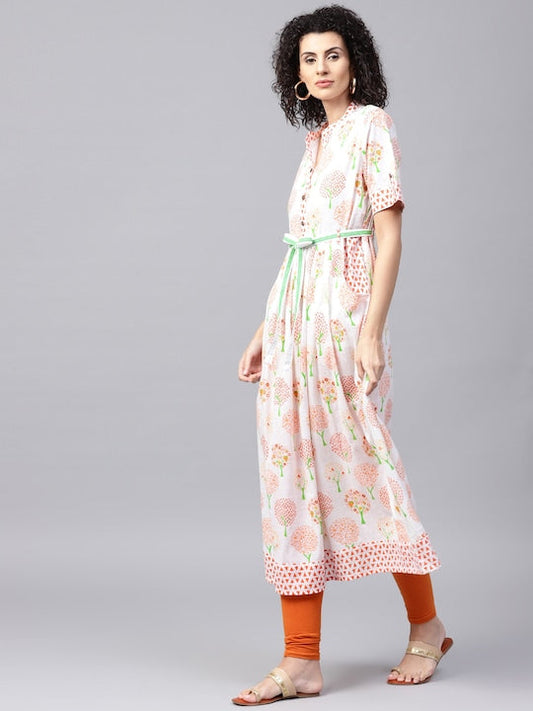 NOZ2TOZ White & Orange Printed A-Line Kurta - Grab2buy