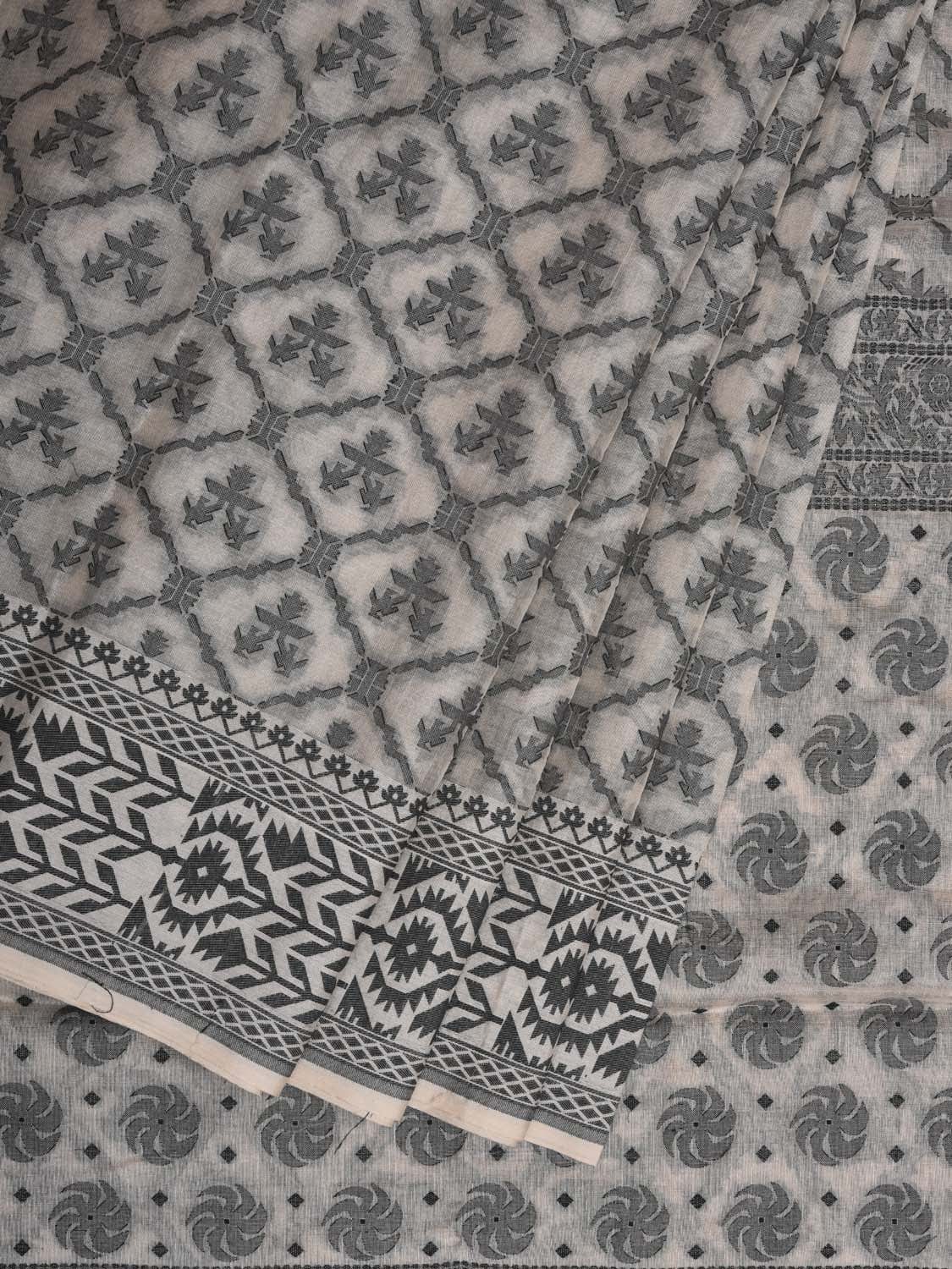 White Cut Work Cotton Handloom Grab2Buy with All Over Jamdani Style Design - Global Threads 