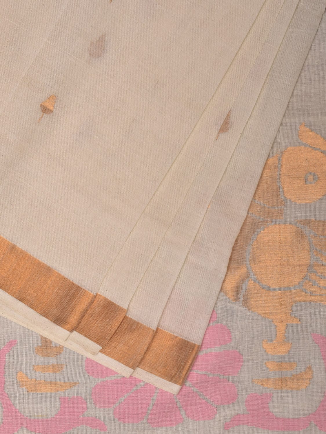 White Khadi Cotton Handloom Grab2Buy with Parrots Pallu Design - Global Threads 