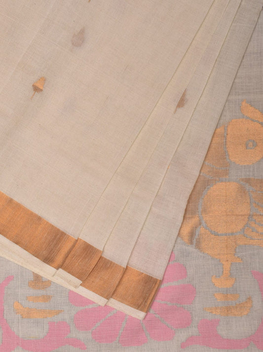 White Khadi Cotton Handloom Grab2Buy with Parrots Pallu Design - Global Threads 