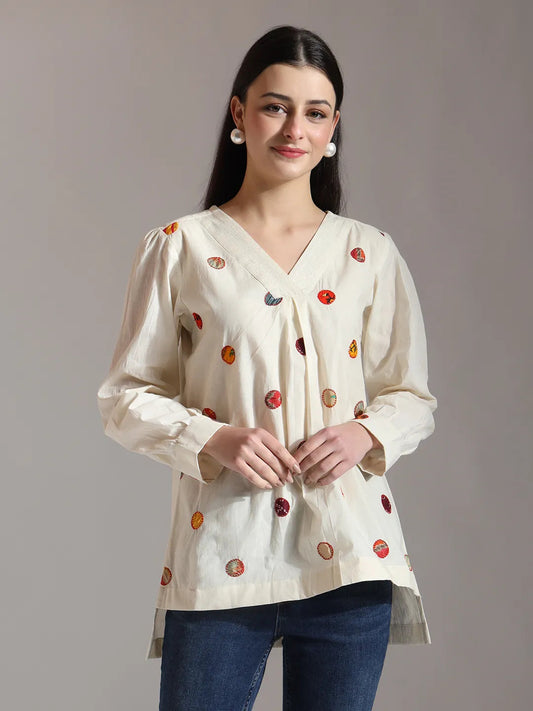 Yufta White Pure Cotton Applique Work Top  Grab2Buy Yufta Grab2Buy