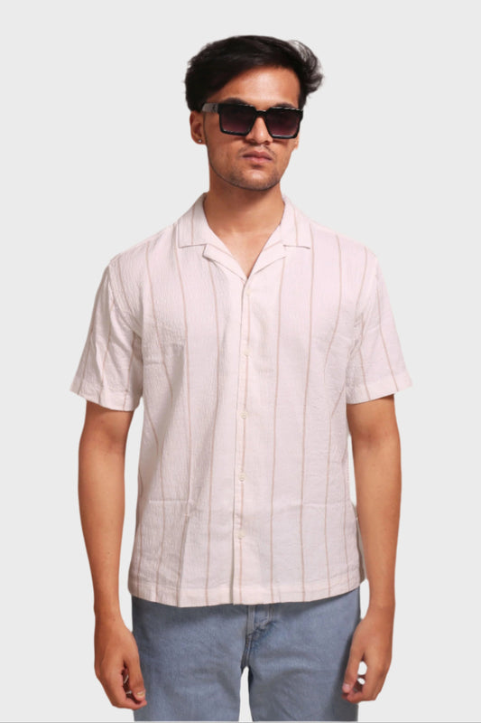 Jonesburg Men's White Beige Stripes Textured Relaxed Fit Shirt 