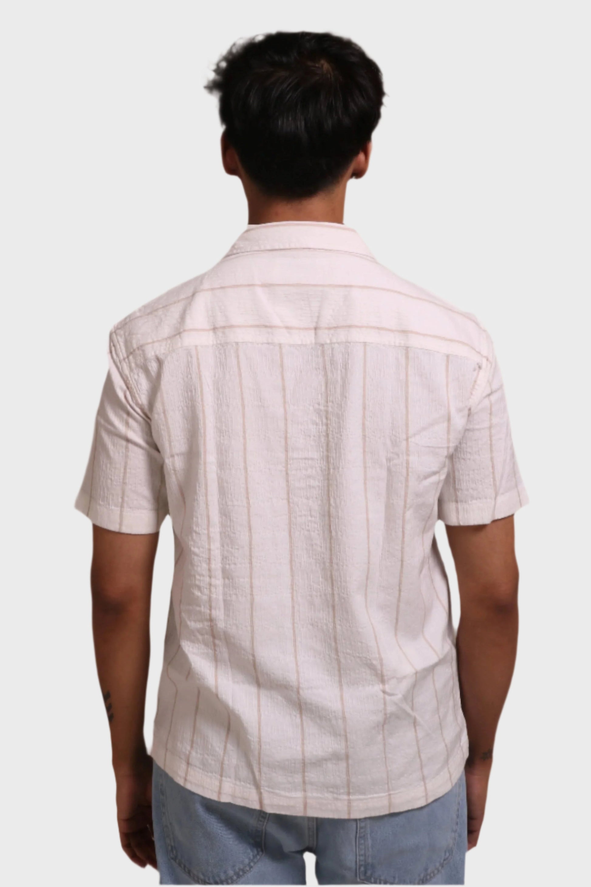 Jonesburg Men's White Beige Stripes Textured Relaxed Fit Shirt 