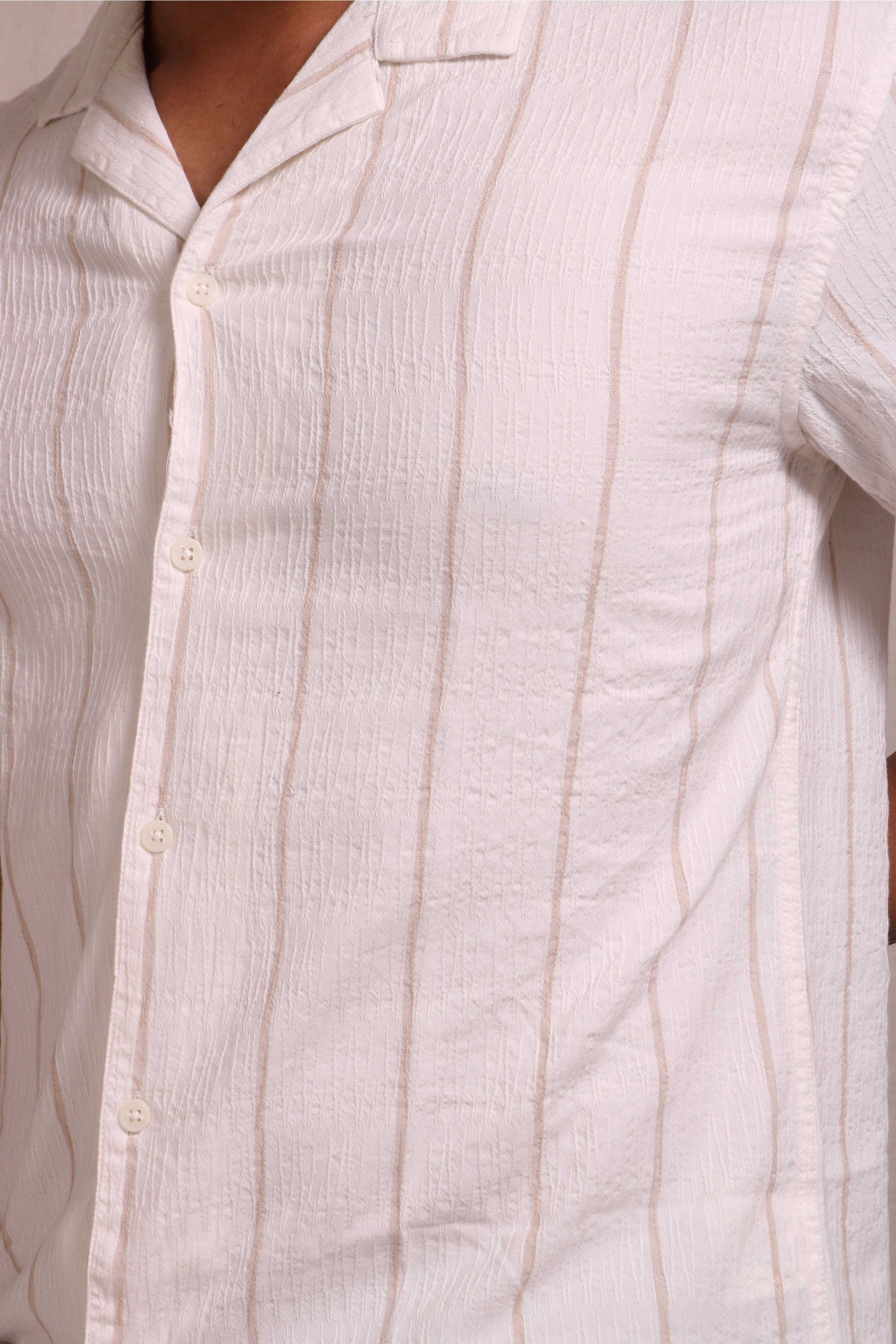 Jonesburg Men's White Beige Stripes Textured Relaxed Fit Shirt 