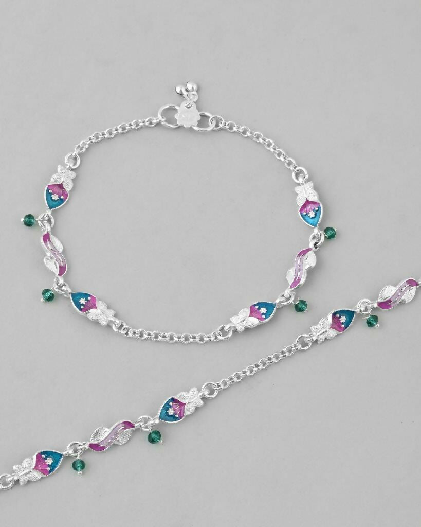 VOJ Set of 2 Stone Studded Mutli Color Designer Anklet 