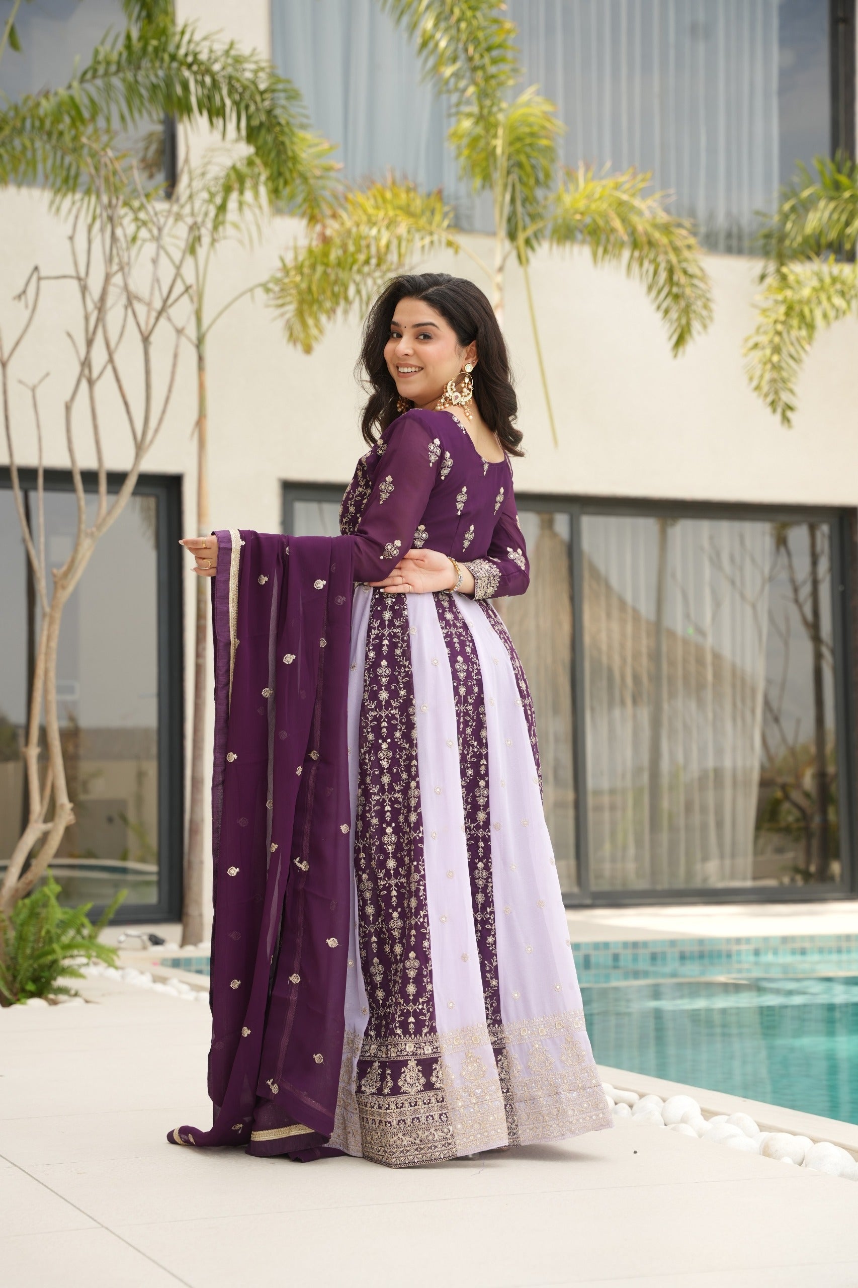 Evanik Wine Faux Georgette With Zari & Sequins Embroidered work Wedding Gown