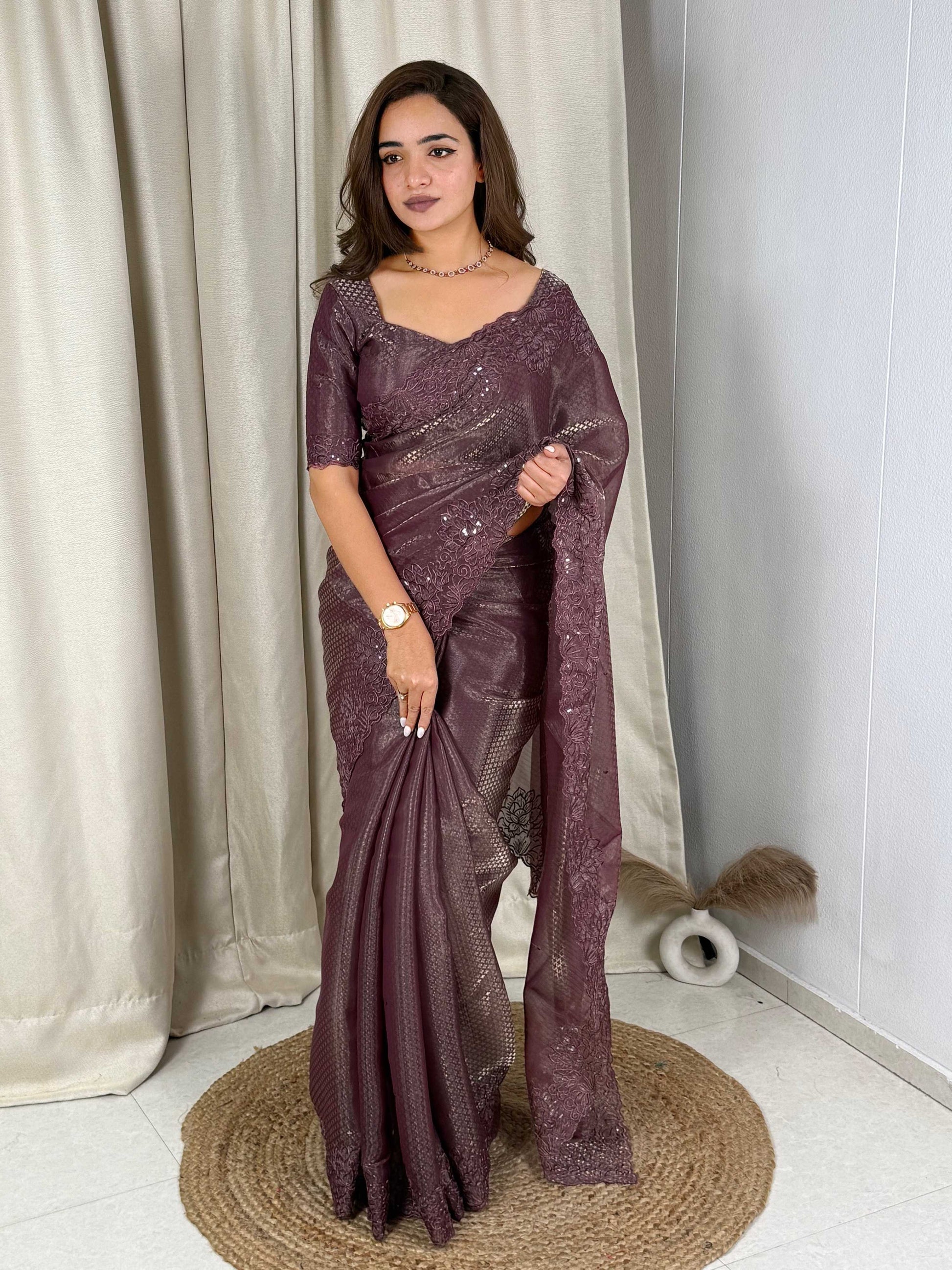 Evanik Wine Glass Satin Jecquard Weaving With Thread Sequence Work Saree With Blouse