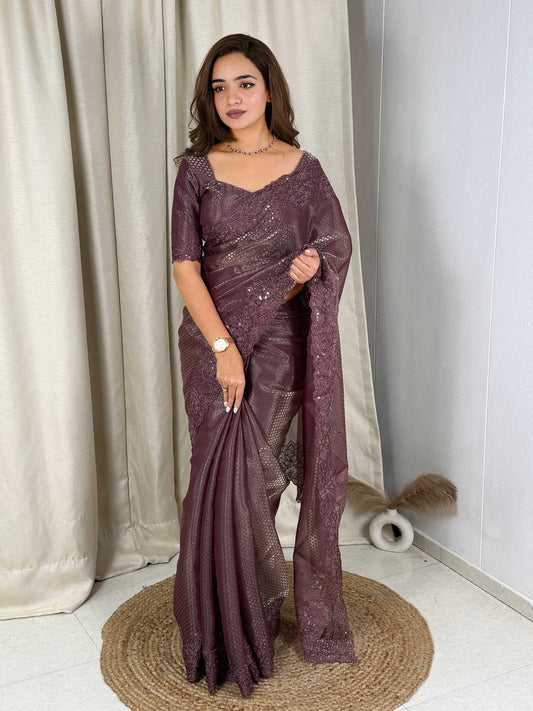 Evanik Wine Glass Satin Jecquard Weaving With Thread Sequence Work Saree With Blouse