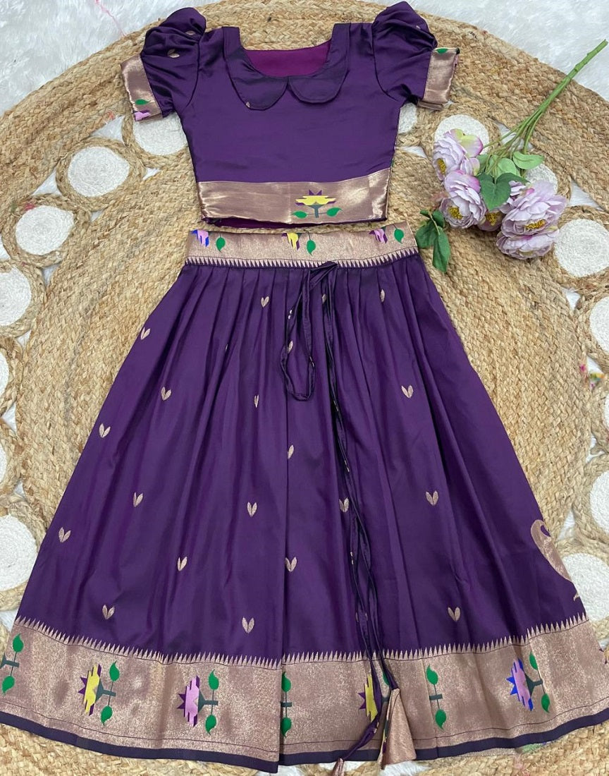 Evanik Purple Soft Silk Paithani Design Zari Weaving Pavadai Lehenga Choli For Kids