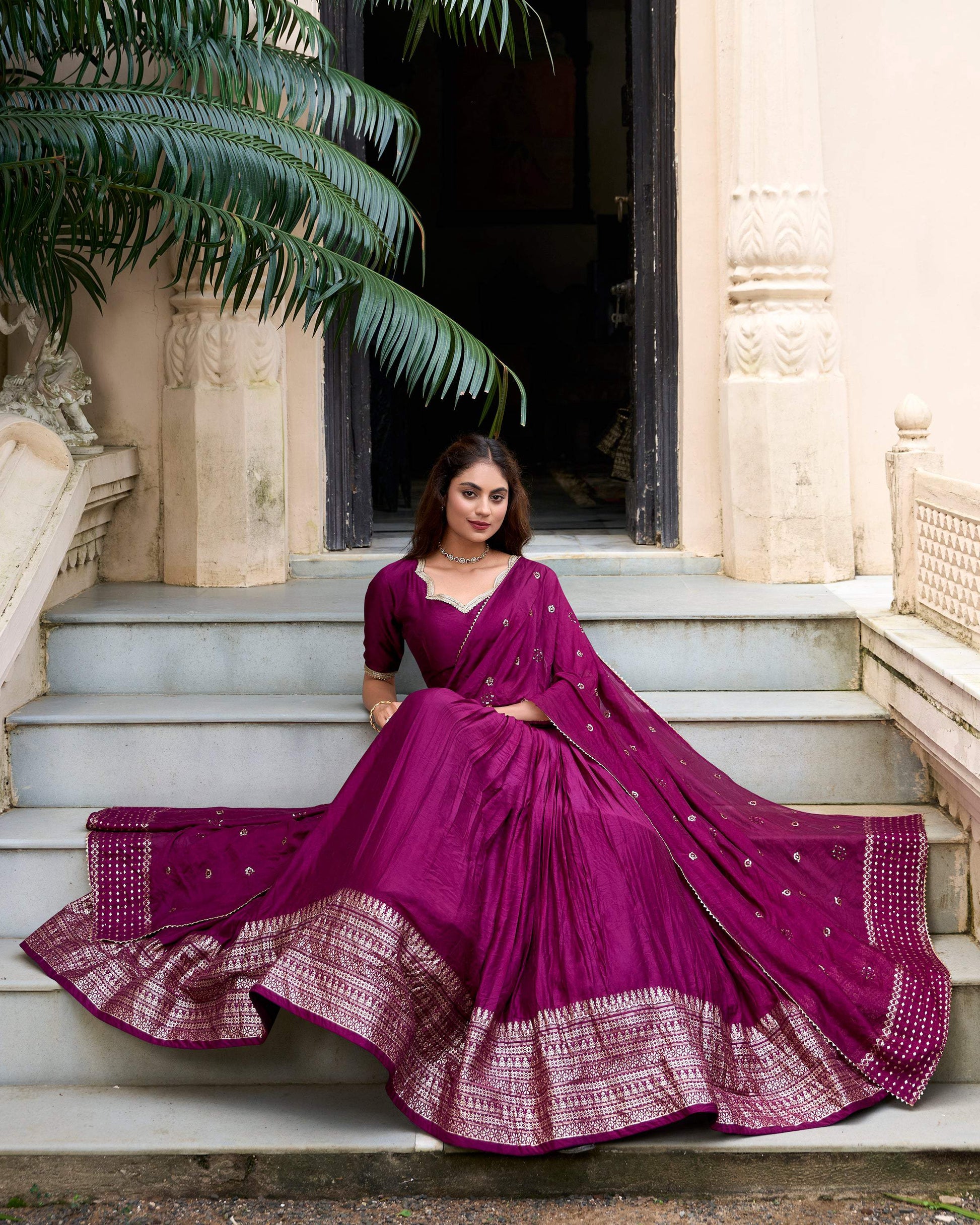 Evanik Women Pure Chanderi Plain With Zari Weaving Work Border Stitched Lehenga With Unstitched Blouse Dupatta(Up to 42)