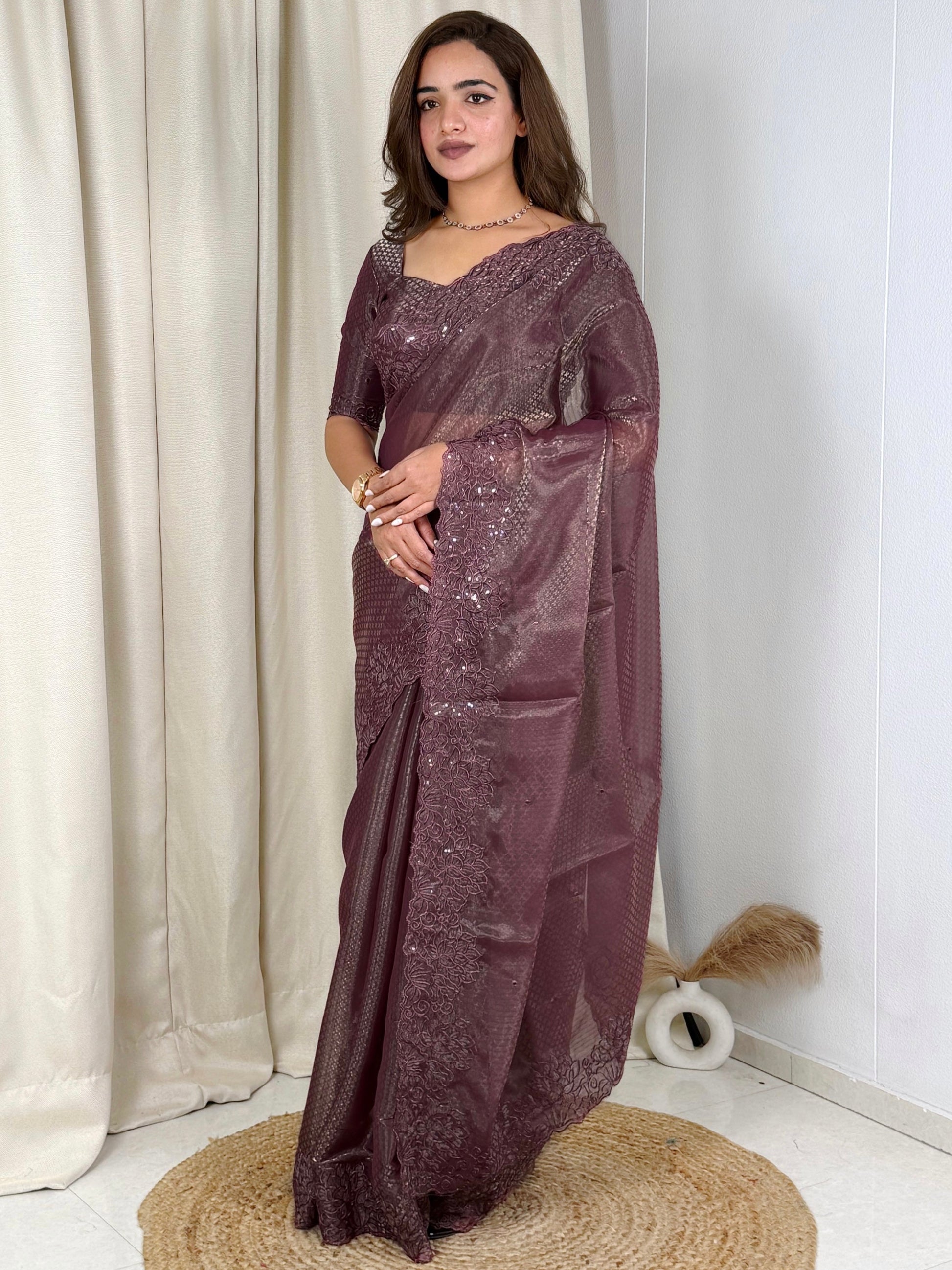 Evanik Wine Glass Satin Jecquard Weaving With Thread Sequence Work Saree With Blouse